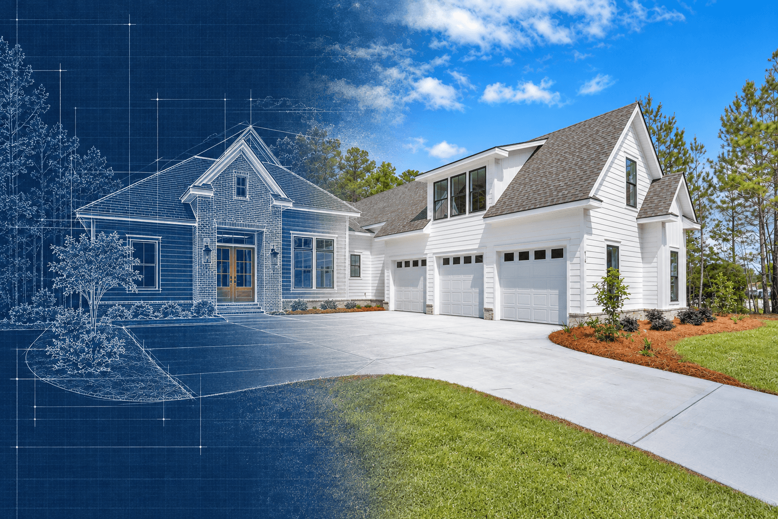 Architectural blueprint fading into a completed Howard Premier Homes house