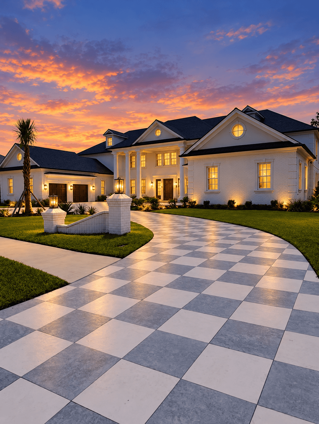 Custom home with an illuminated entrance at dusk