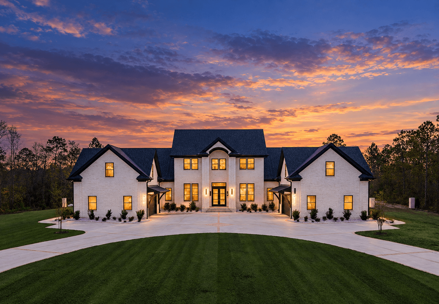 A completed home with warm lights at dusk