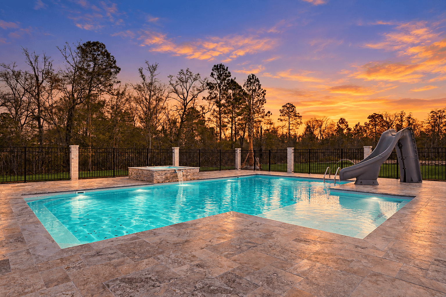 Outdoor pool and patio at sunset